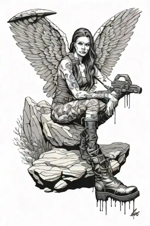female sitting on boulder fire lake single heavenly light archangel wings in bdu tanks and black boots m16 at the ready tattoo design idea