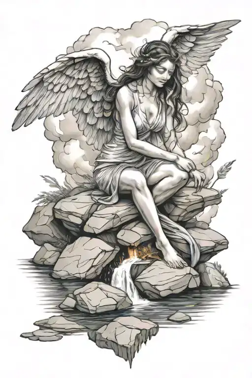 cloudy backdrop a single bright ray shines on female with folded angel wings sitting on boulder in middle fire lake tattoo design idea