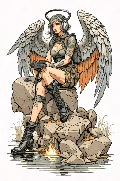 female sitting on boulder fire lake with archangel wings in bdu tanks and black boots m16 at the ready tattoo design idea