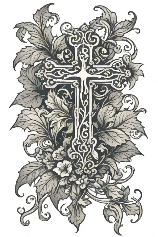 cross with Ivy leaves tattoo design idea