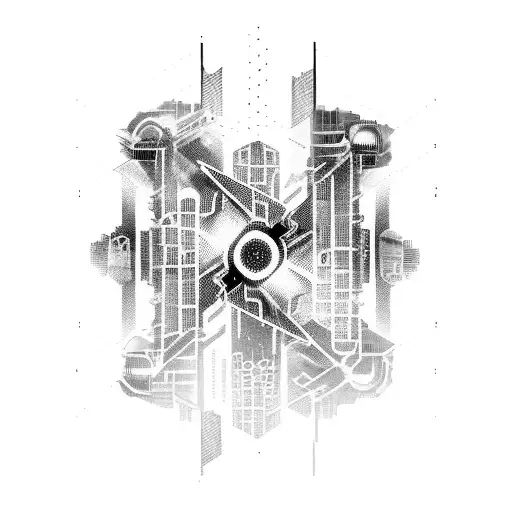 A tattoo of a cyberpunk cityscape with hidden gun motifs representing the client's software engineering background tattoo design idea