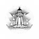 shape of a spade (card suit), with a lighthouse, Douglas fir, cherry blossom. cowboy, and palm tree  tattoo design idea