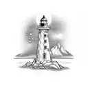 shape of a spade (card suit), with a lighthouse, Douglas fir, cherry blossom. cowboy, and palm tree  tattoo design idea