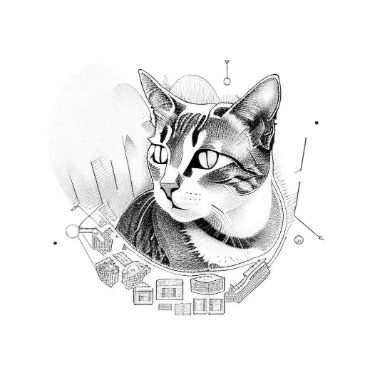 A dotwork design of a cat sitting on a pile of PC components tattoo design idea