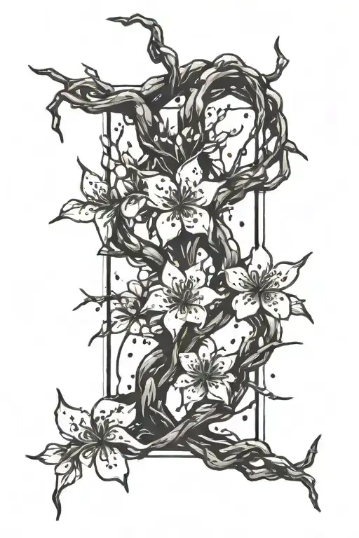 croatian interlace becoming barbed wire black ink splatter cherry blossom tattoo design idea