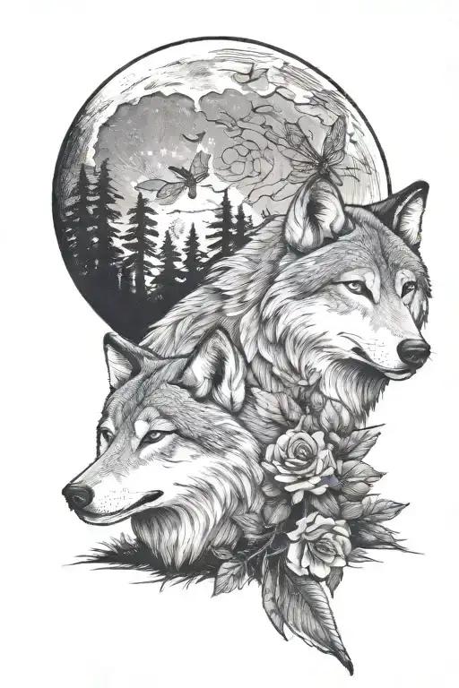 Wolf, dragonfly, moon, forest, roses  tattoo design idea