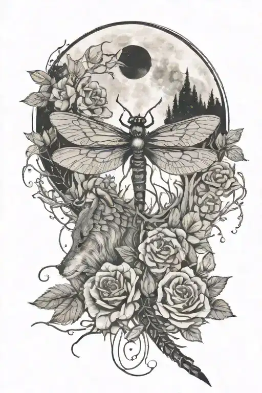 one Wolf, large dragonfly, moon, forest, roses  tattoo design idea