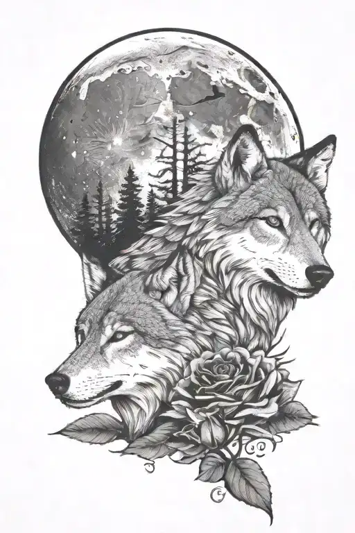 Wolf, large dragonfly, moon, forest, roses  tattoo design idea