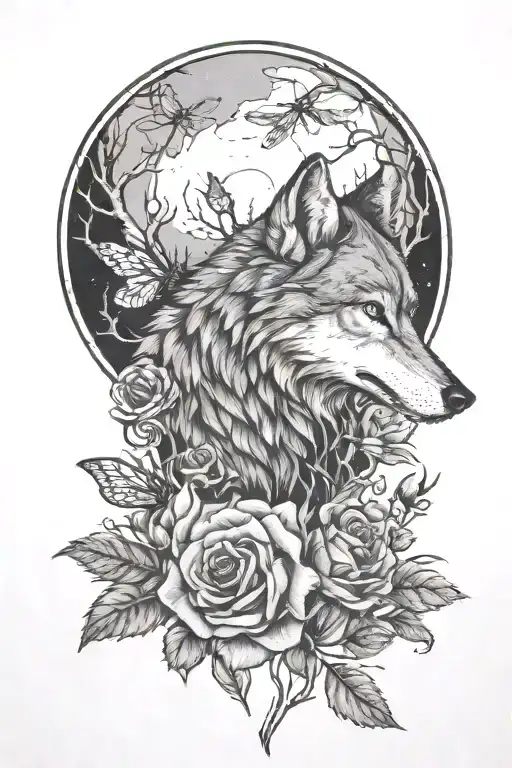Wolf, dragonfly, moon, forest, roses  tattoo design idea