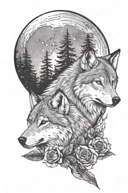 Wolf, forest, moon dragonfly and roses  tattoo design idea