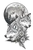 Wolf, dragonfly, moon, forest, roses  tattoo design idea