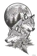 Wolf, dragonfly, moon, forest, roses  tattoo design idea