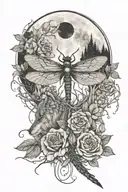 one Wolf, large dragonfly, moon, forest, roses  tattoo design idea