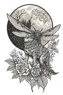 one Wolf, large dragonfly, moon, forest, roses  tattoo design idea