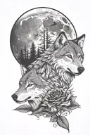Wolf, large dragonfly, moon, forest, roses  tattoo design idea