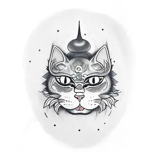 Japanese Cat With Oni Mask Tattoo Idea - BlackInk AI