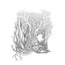 A mystical forest scene with hidden magical elements like spell books and cauldrons tattoo design idea