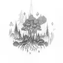 A mystical forest scene with hidden magical elements like spell books and cauldrons tattoo design idea