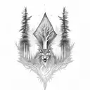 A mystical forest scene with hidden magical elements like spell books and cauldrons tattoo design idea