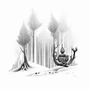 A mystical forest scene with hidden magical elements like spell books and cauldrons tattoo design idea