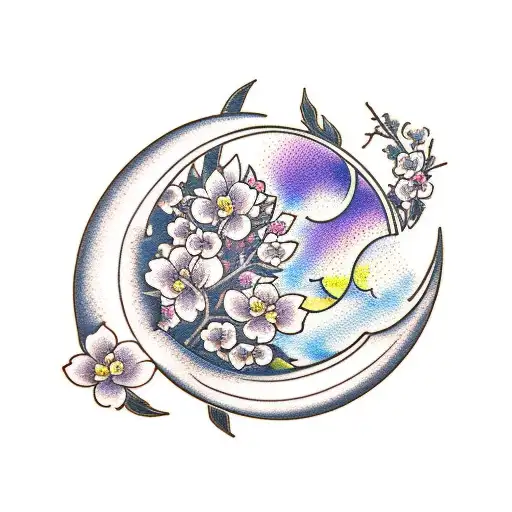 cherry blossom in shape of crescent moon tattoo design idea