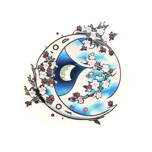 cherry blossom branch in shape of crescent moon tattoo design idea