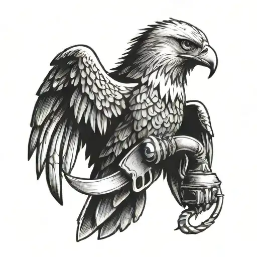 An eagle perched on a dagger, with boxing gloves hanging from its beak tattoo design idea