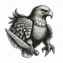 An eagle perched on a dagger, with boxing gloves hanging from its beak tattoo design idea