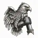An eagle perched on a dagger, with boxing gloves hanging from its beak tattoo design idea