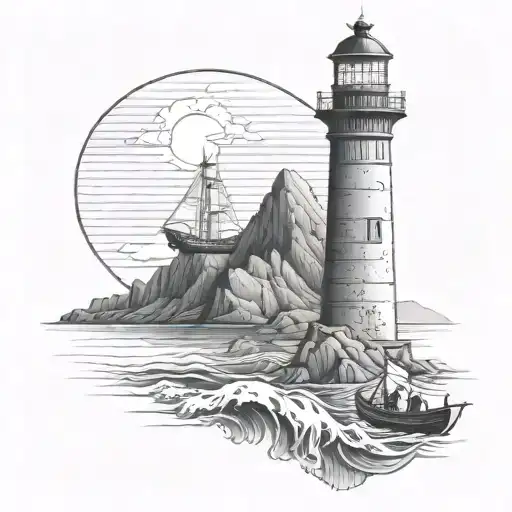 lighthouse of Alexandria with Greek longship and mountain range  tattoo design idea