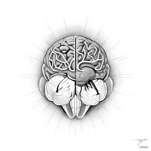 A stylized human brain integrated with an antique quill pen (or another symbol for thought and introspection), with ink  tattoo design idea