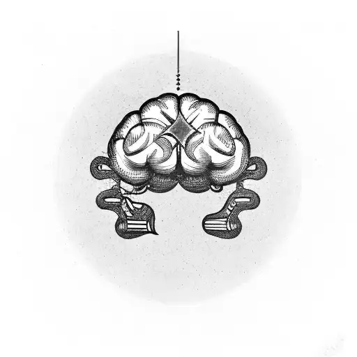 A stylized human brain integrated with an antique quill pen (or another symbol for thought and introspection), with ink  tattoo design idea