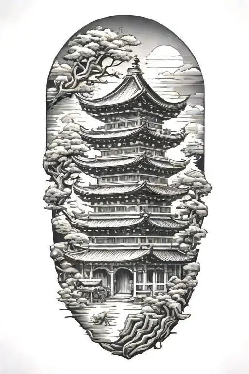 samurai japanese pagoda tam dao inside a rectangle tattoo design idea