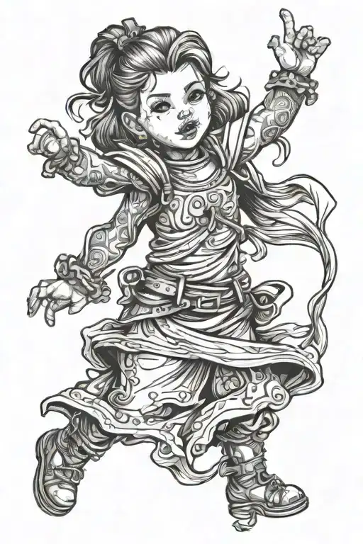 little girl figure outline black and white drawing tattoo design idea