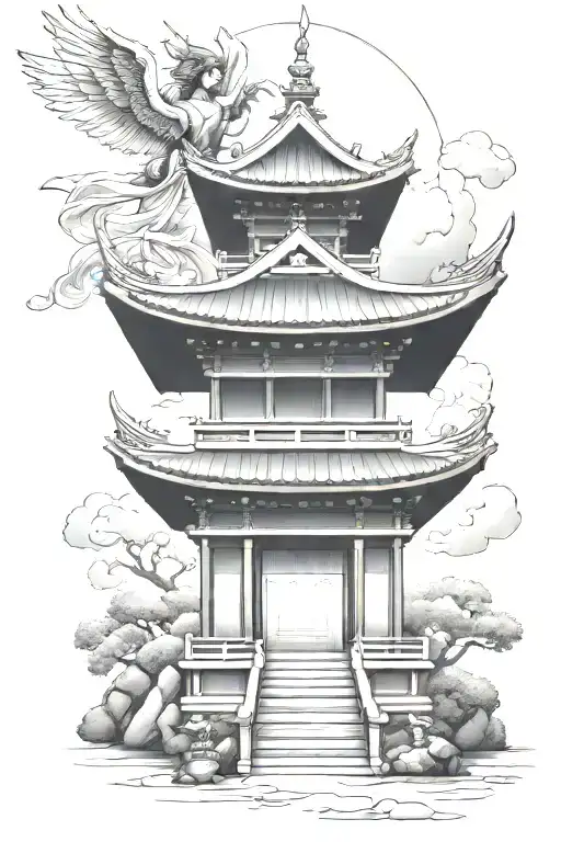japanese pagoda temple angel black tattoo design idea