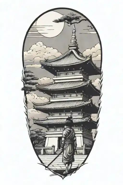 samurai temple pagoda little girl alone tattoo design idea