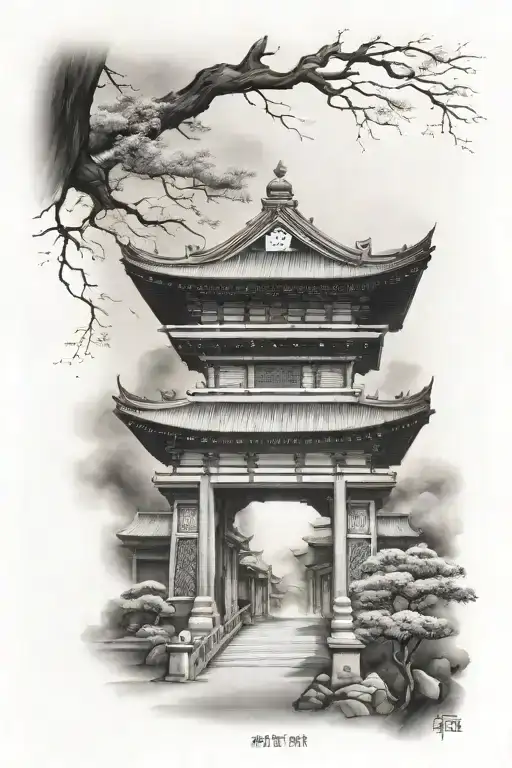 japanese temple gate opening tattoo design idea
