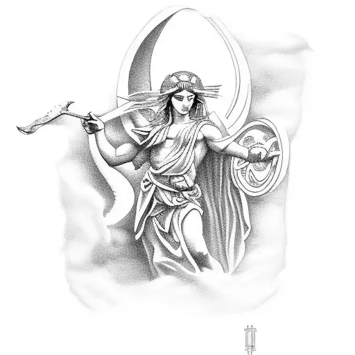 Create a tattoo design inspired by Greek mythology, depicting a powerful deity engaged in an artistic activity that represents the artist's passion for both power and artistry. tattoo design idea