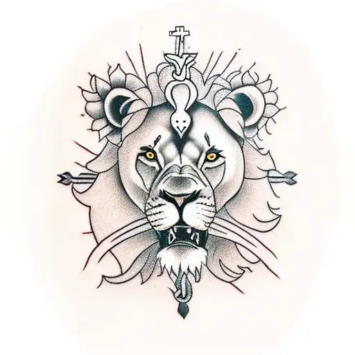 Lion with Cross and Jesus with thorns tattoo design idea