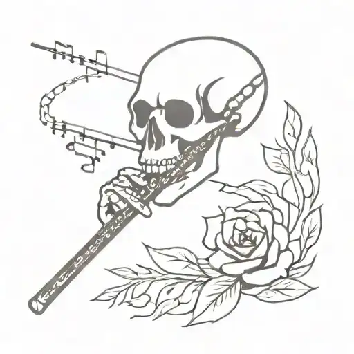 Skull and flute with music notes tattoo design idea