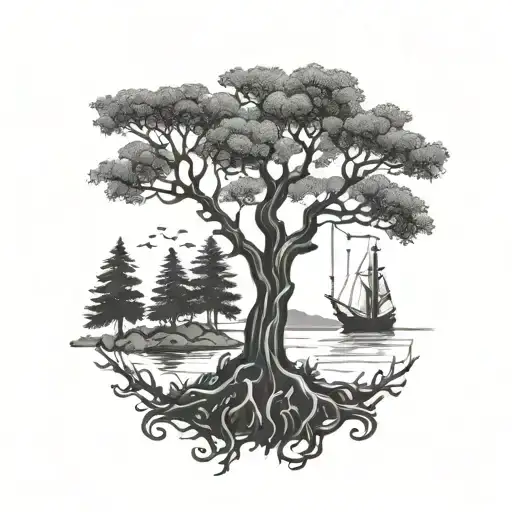 tree environmental hunting fishing hooks tattoo design idea