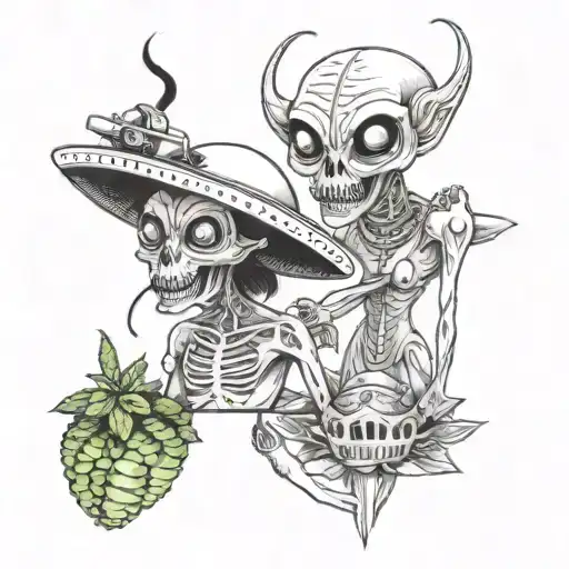 alien and gypsy smoking weed on ufo  tattoo design idea