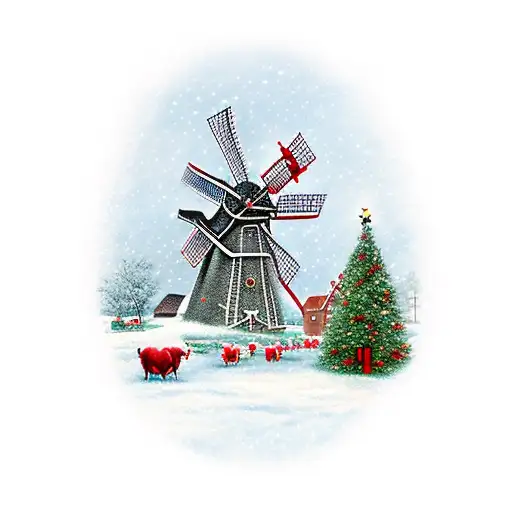 A festive Christmas scene with a Dutch windmill surrounded by sheep wearing Santa hats, capturing the charm of the holiday season tattoo design idea