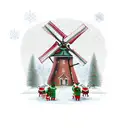 A festive Christmas scene with a Dutch windmill surrounded by sheep wearing Santa hats, capturing the charm of the holiday season tattoo design idea