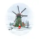 A festive Christmas scene with a Dutch windmill surrounded by sheep wearing Santa hats, capturing the charm of the holiday season tattoo design idea