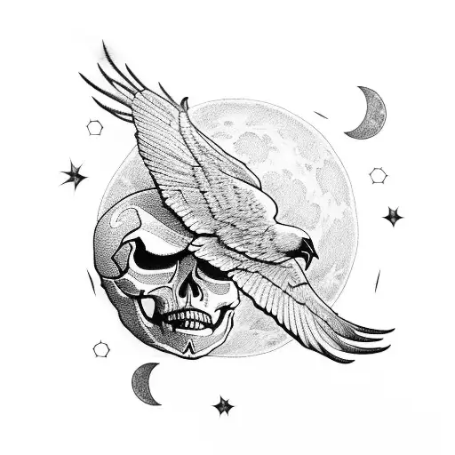 Crow, moon, skull  tattoo design idea