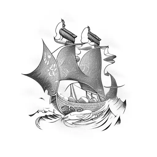 Viking ship sailing through stormy seas with intricate rune symbols tattoo design idea
