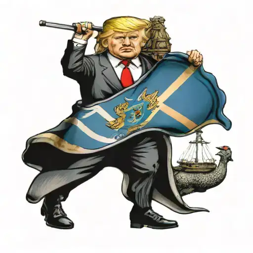 Bobble head Donald Trump with the old South African flag in his hand, standing on a scale of justice tattoo design idea