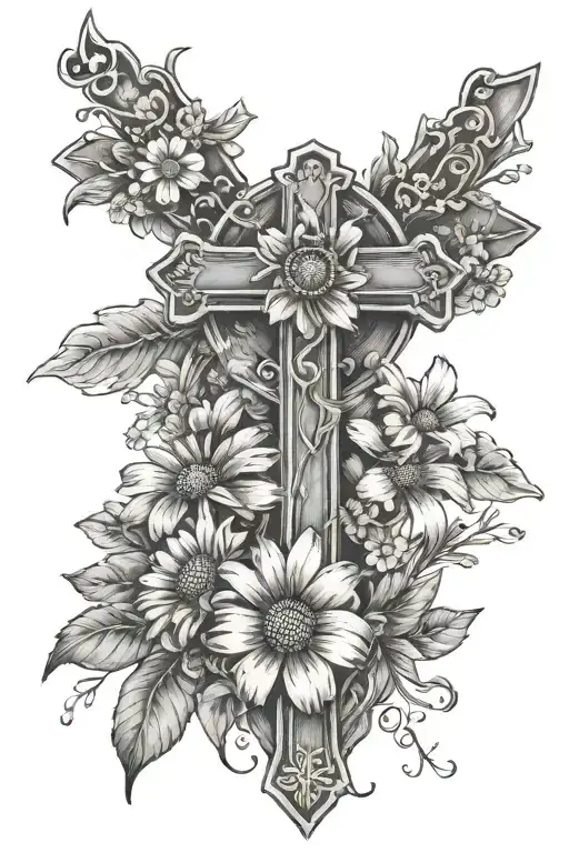 Fine Line cross with daisy bouquet. "Gods Will. Not mine" tattoo design idea