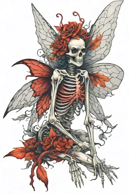skeleton fairy beautiful wings red tattoo design idea